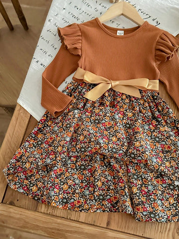 Young Girl Solid Color Crew Neck Ruffled Patchwork Printed Knit Casual Dress