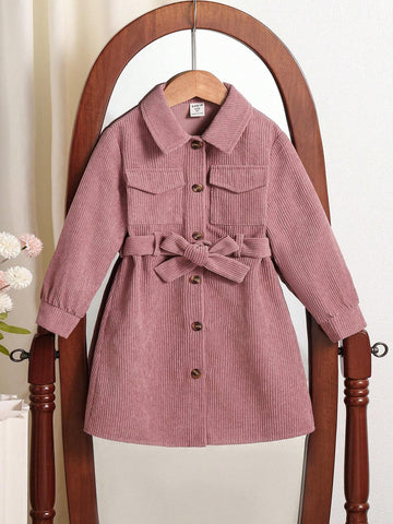 Young Girl Solid Color Front Button Waist Tie Casual Long Sleeve Dress
