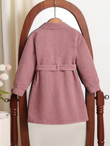 Young Girl Solid Color Front Button Waist Tie Casual Long Sleeve Dress