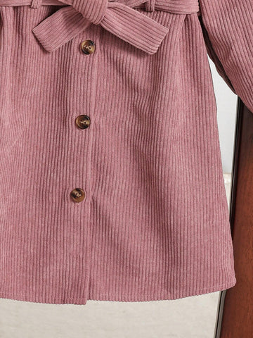 Young Girl Solid Color Front Button Waist Tie Casual Long Sleeve Dress