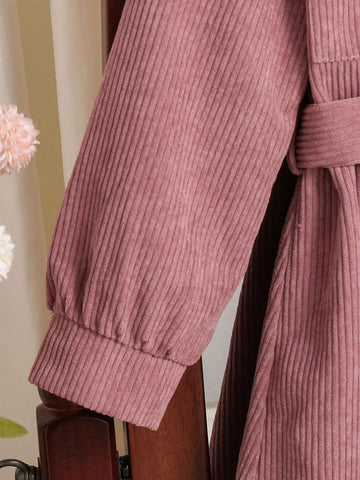 Young Girl Solid Color Front Button Waist Tie Casual Long Sleeve Dress