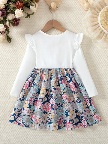 Young Girl Solid Color Knit Bouquet Print Long Sleeve Crew Neck Patchwork Floral Allover Print Dress, Suitable For Spring And Autumn