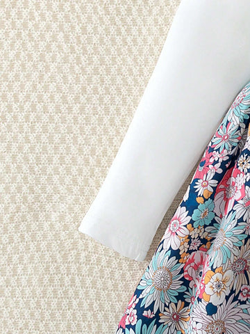 Young Girl Solid Color Knit Bouquet Print Long Sleeve Crew Neck Patchwork Floral Allover Print Dress, Suitable For Spring And Autumn