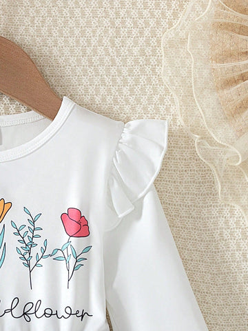 Young Girl Solid Color Knit Bouquet Print Long Sleeve Crew Neck Patchwork Floral Allover Print Dress, Suitable For Spring And Autumn