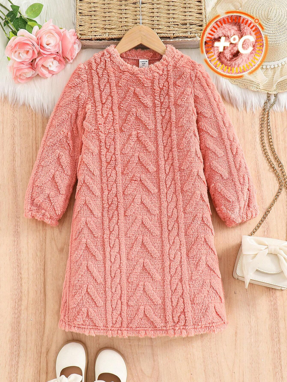 Young Girl Solid Color Knit Fluffy Round Neck Loose Casual Dress