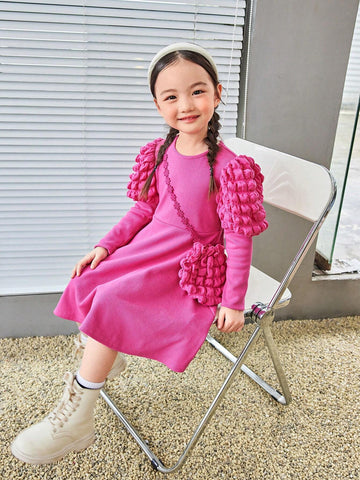 Young Girl Solid Color Knit Round Neck Gigot Sleeve Fitted Casual Dress With Sling Bag