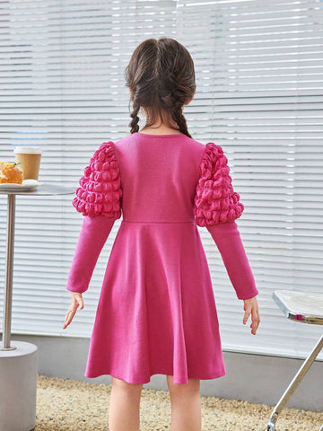 Young Girl Solid Color Knit Round Neck Gigot Sleeve Fitted Casual Dress With Sling Bag