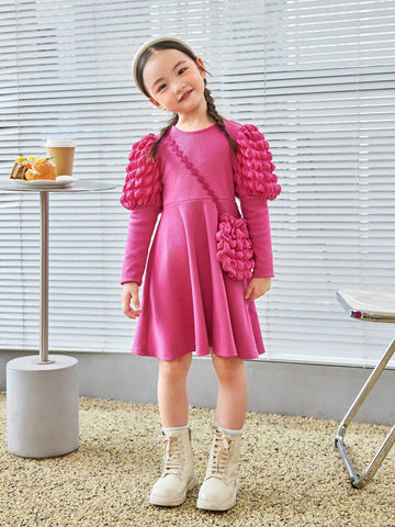 Young Girl Solid Color Knit Round Neck Gigot Sleeve Fitted Casual Dress With Sling Bag