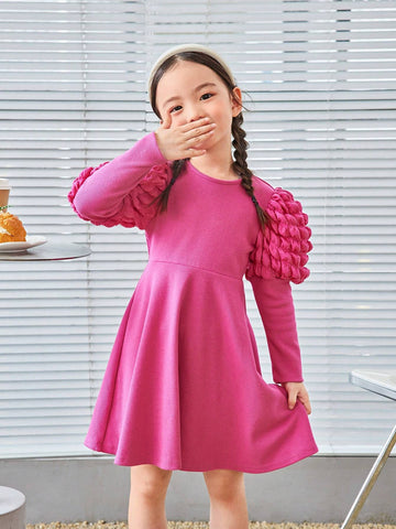 Young Girl Solid Color Knit Round Neck Gigot Sleeve Fitted Casual Dress With Sling Bag