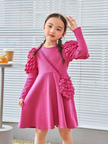 Young Girl Solid Color Knit Round Neck Gigot Sleeve Fitted Casual Dress With Sling Bag