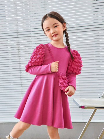 Young Girl Solid Color Knit Round Neck Gigot Sleeve Fitted Casual Dress With Sling Bag