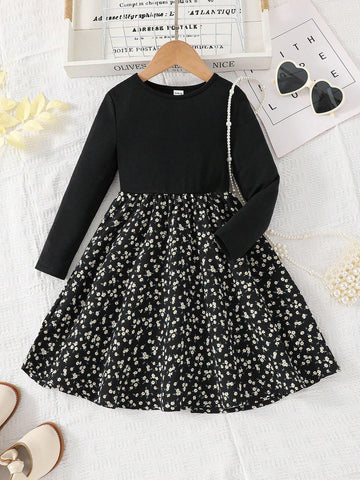 Young Girl Solid Color Knit Round Neck Patchwork Floral Casual Dress