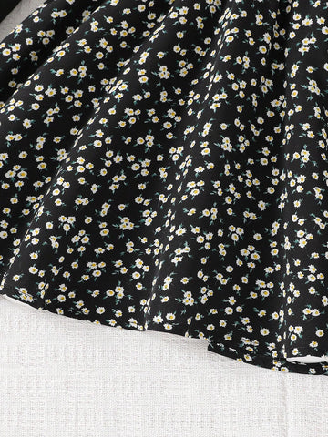 Young Girl Solid Color Knit Round Neck Patchwork Floral Casual Dress