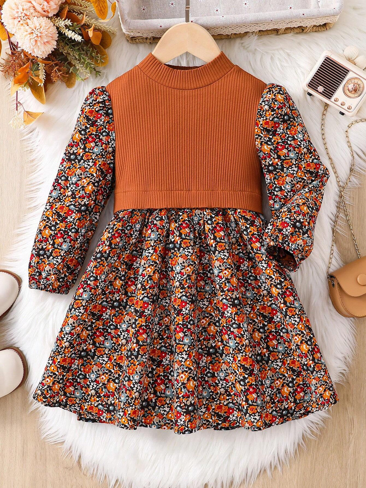 Young Girl Solid Color Knit Splice Chiffon Floral Puff Sleeve Dress