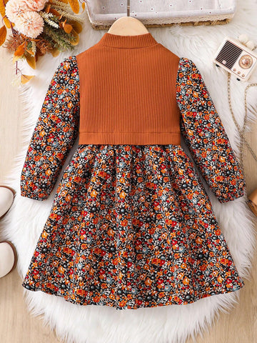 Young Girl Solid Color Knit Splice Chiffon Floral Puff Sleeve Dress