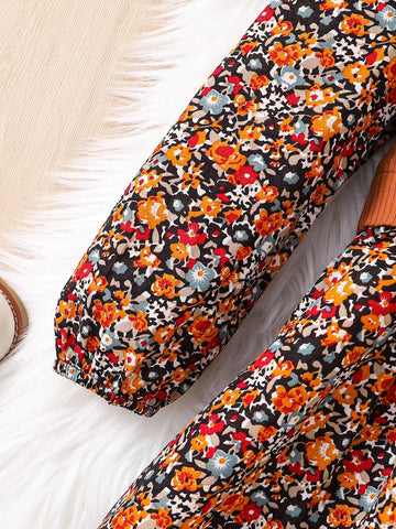 Young Girl Solid Color Knit Splice Chiffon Floral Puff Sleeve Dress