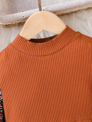 Young Girl Solid Color Knit Splice Chiffon Floral Puff Sleeve Dress
