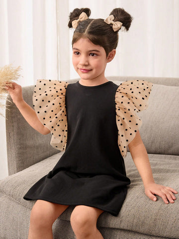Young Girl Solid Color Knit Splicing Mesh Cap Sleeve Fitted Dress