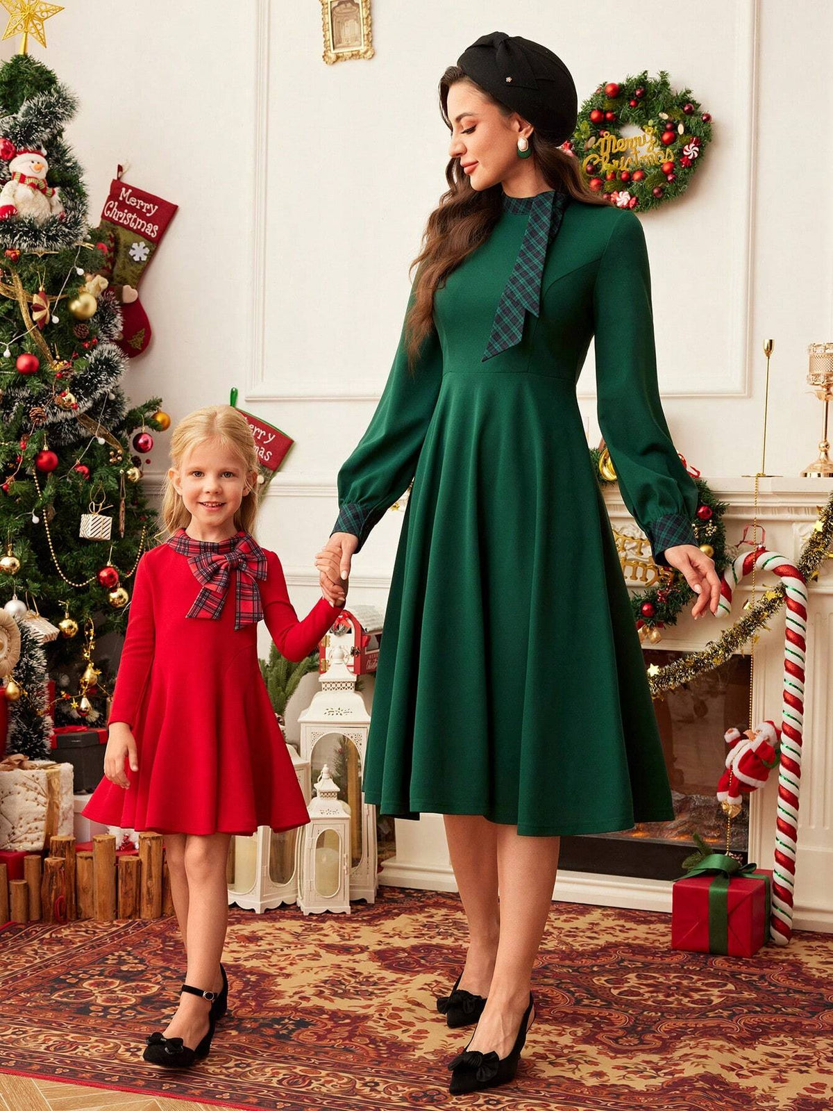 Young Girl Solid Color Knitted Round Neck Plaid Patchwork Dress