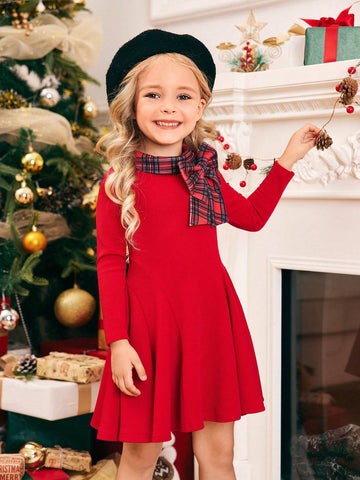 Young Girl Solid Color Knitted Round Neck Plaid Patchwork Dress