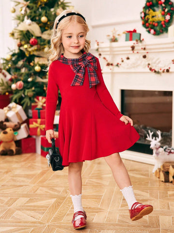 Young Girl Solid Color Knitted Round Neck Plaid Patchwork Dress