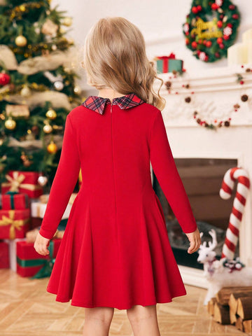 Young Girl Solid Color Knitted Round Neck Plaid Patchwork Dress