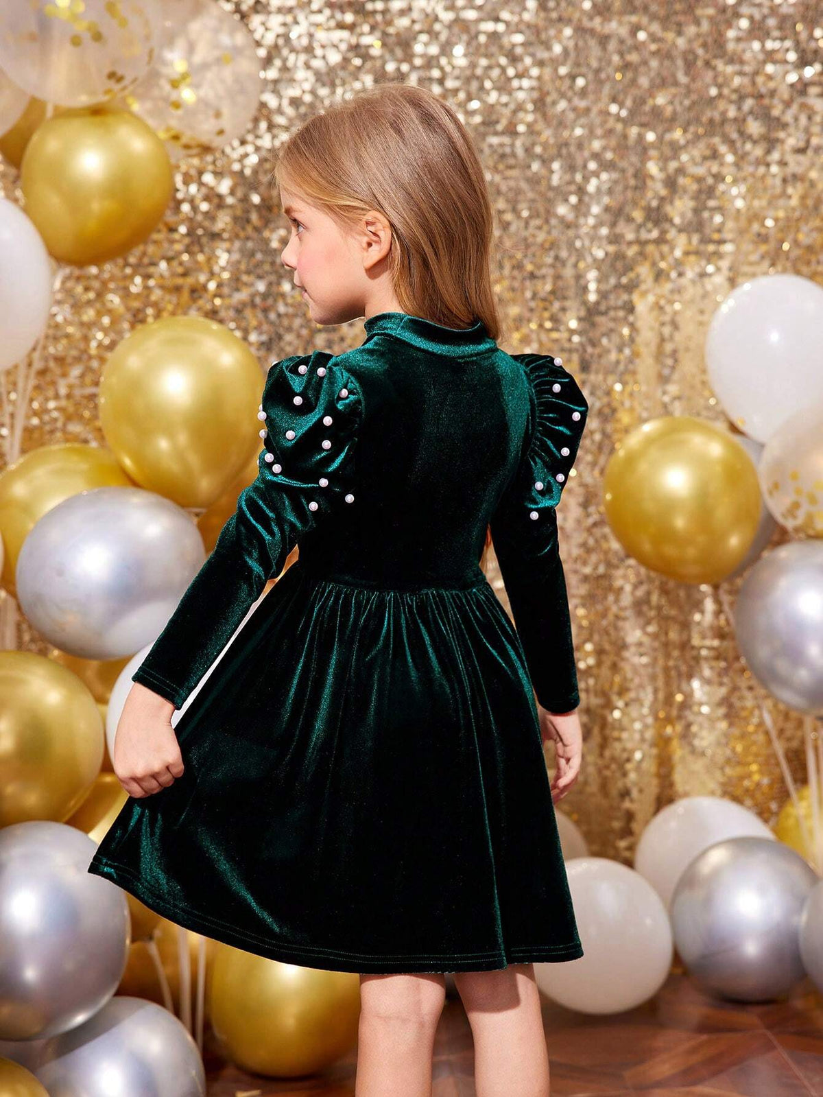 Young Girl Solid Color Knitted Stand Collar Gigot Sleeve Beaded Form-Fitting Casual Dress, Christmas Dress