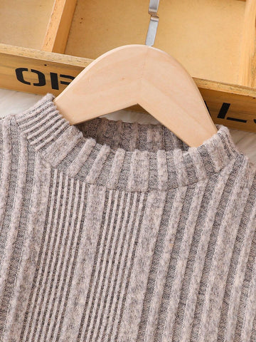 Young Girl Solid Color Knitted Stand Collar Patchwork Woven Puff Sleeve Slim Casual Dress