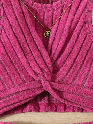 Young Girl Solid Color Knitted Striped Irregular Vest Top + Skirt Set