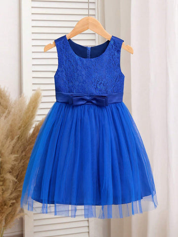 Young Girl Solid Color Lace & Satin Dress Waist Bow Decoration Round Collar Gown Dress