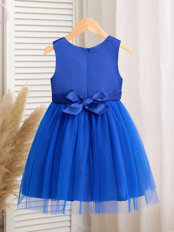 Young Girl Solid Color Lace & Satin Dress Waist Bow Decoration Round Collar Gown Dress