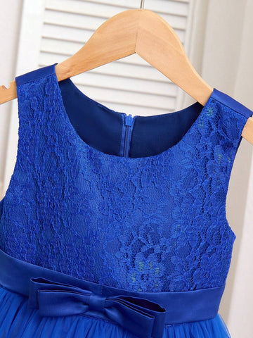 Young Girl Solid Color Lace & Satin Dress Waist Bow Decoration Round Collar Gown Dress
