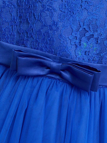 Young Girl Solid Color Lace & Satin Dress Waist Bow Decoration Round Collar Gown Dress