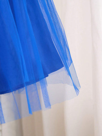 Young Girl Solid Color Lace & Satin Dress Waist Bow Decoration Round Collar Gown Dress