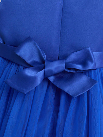 Young Girl Solid Color Lace & Satin Dress Waist Bow Decoration Round Collar Gown Dress