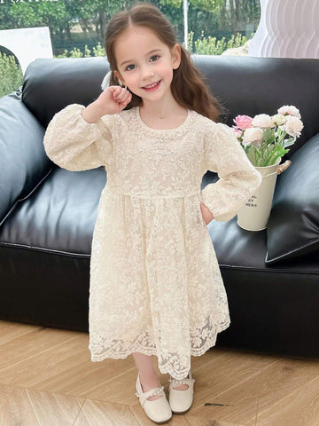 Young Girl Solid Color Lantern Sleeve Floral Embroidery Lace Dress Spring/Autumn