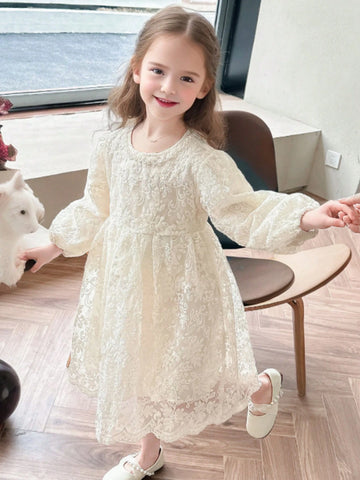 Young Girl Solid Color Lantern Sleeve Floral Embroidery Lace Dress Spring/Autumn