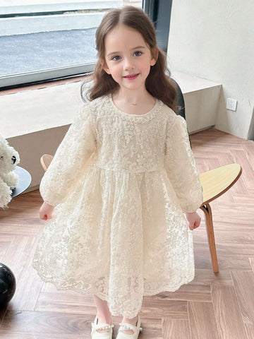 Young Girl Solid Color Lantern Sleeve Floral Embroidery Lace Dress Spring/Autumn
