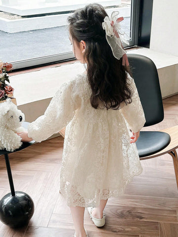 Young Girl Solid Color Lantern Sleeve Floral Embroidery Lace Dress Spring/Autumn