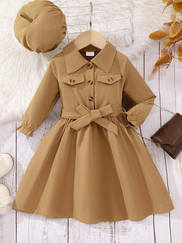 Young Girl Solid Color Lapel Faux Pocket Casual Dress With Hat And Belt
