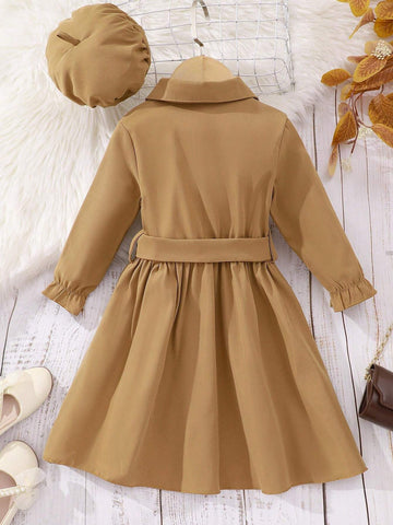 Young Girl Solid Color Lapel Faux Pocket Casual Dress With Hat And Belt