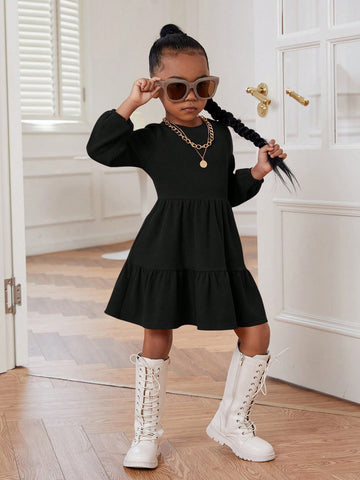 Young Girl Solid Color Long Sleeve Knitted Mini Dress With Flutter Sleeves, Sport Chic Style
