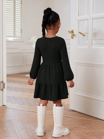Young Girl Solid Color Long Sleeve Knitted Mini Dress With Flutter Sleeves, Sport Chic Style