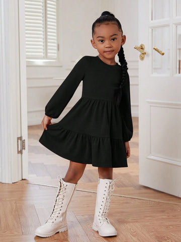 Young Girl Solid Color Long Sleeve Knitted Mini Dress With Flutter Sleeves, Sport Chic Style