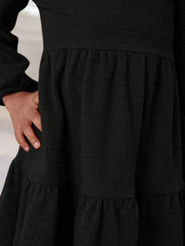 Young Girl Solid Color Long Sleeve Knitted Mini Dress With Flutter Sleeves, Sport Chic Style