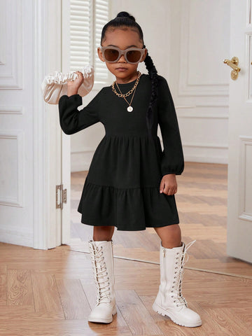 Young Girl Solid Color Long Sleeve Knitted Mini Dress With Flutter Sleeves, Sport Chic Style