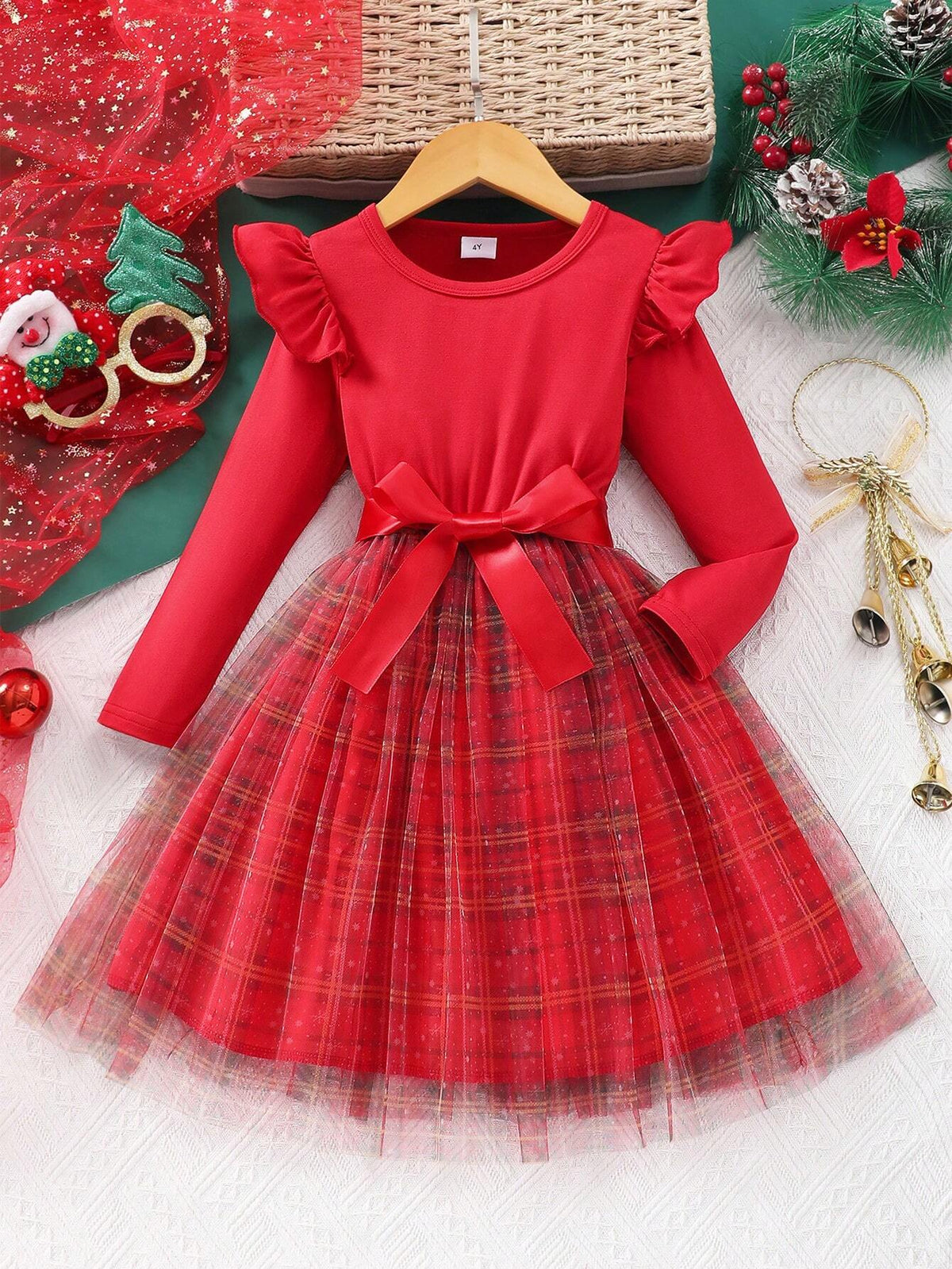 Young Girl Solid Color Long Sleeve Round Neck Mesh Dress
