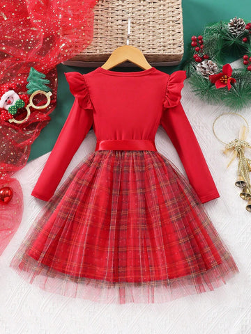 Young Girl Solid Color Long Sleeve Round Neck Mesh Dress