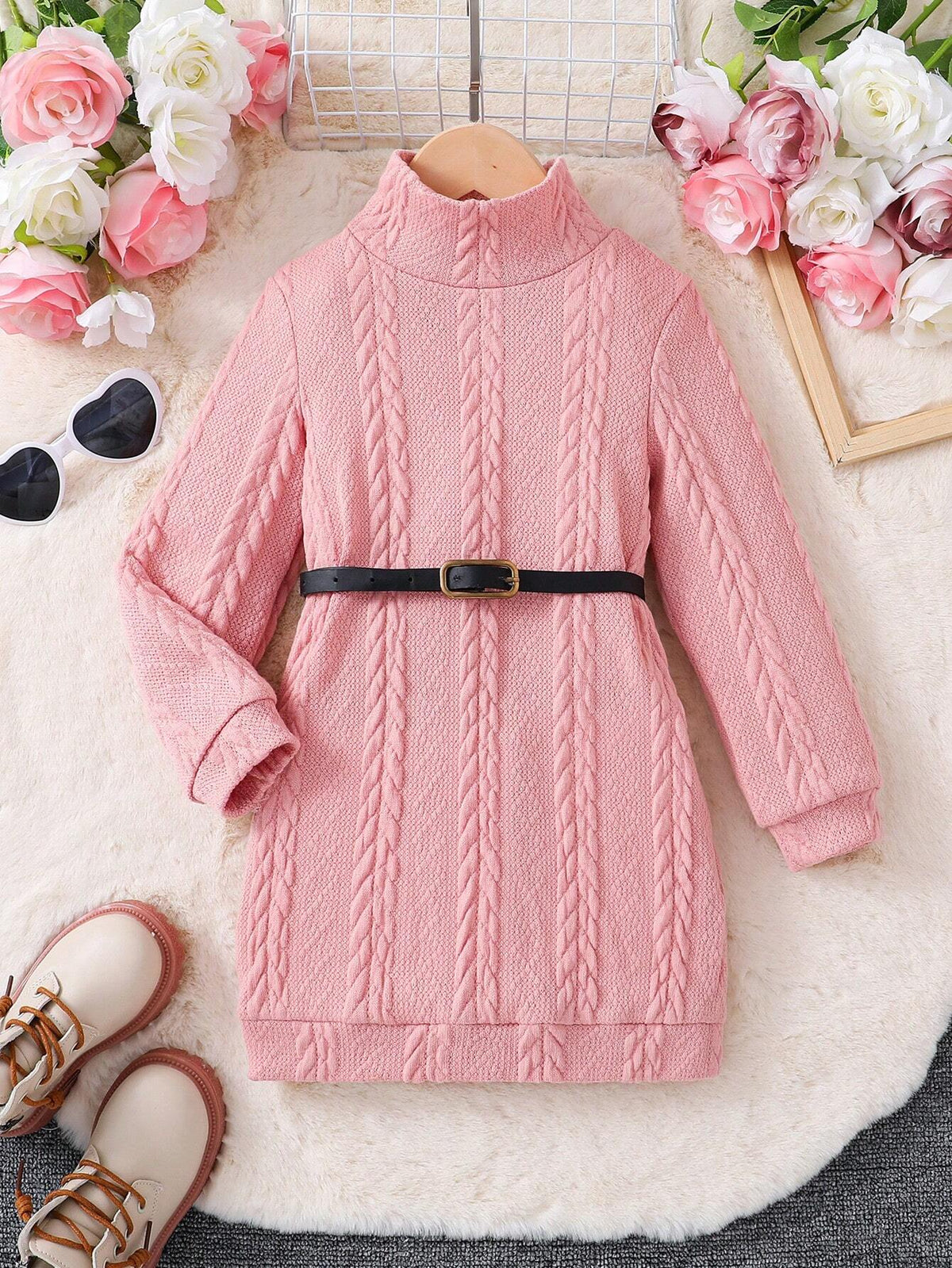 Young Girl Solid Color Loose Knit Stand Collar Casual Dress