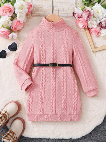 Young Girl Solid Color Loose Knit Stand Collar Casual Dress
